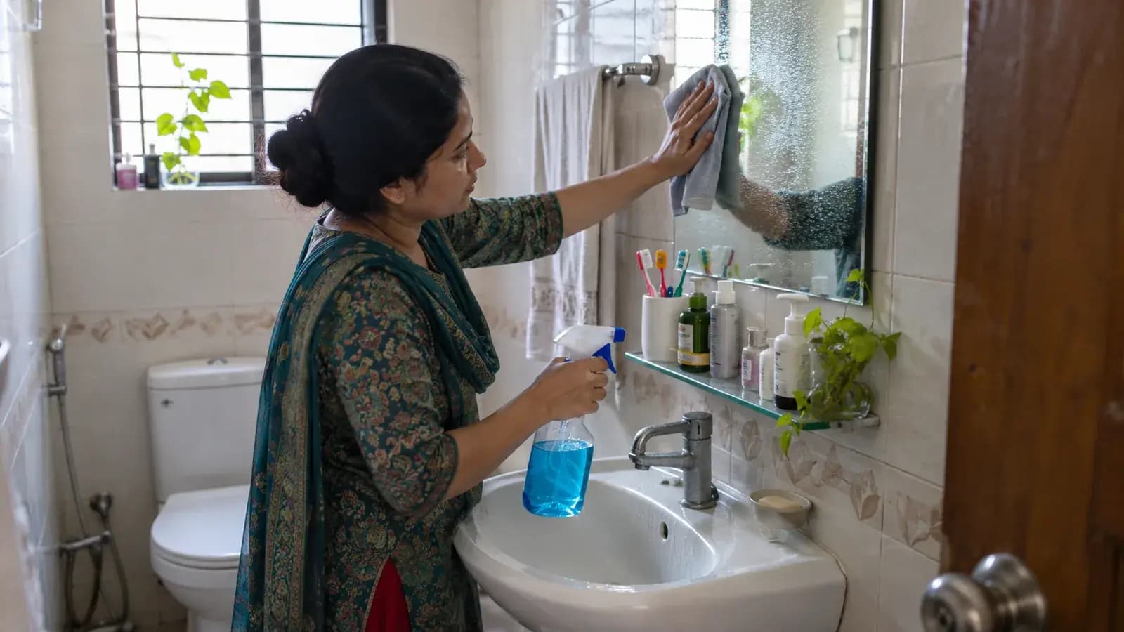 বাসার bathroom-এর mirror ও basin detail করে পরিষ্কার করছেন একজন নারী